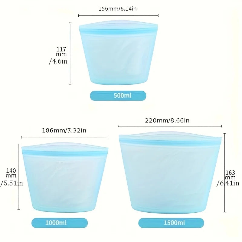 1/3PCS Reusable Silicone Food Storage Bags – Leakproof Ziplock Containers for Fridge & Freezer, Fresh-Keeping Kitchen Organizer Bags