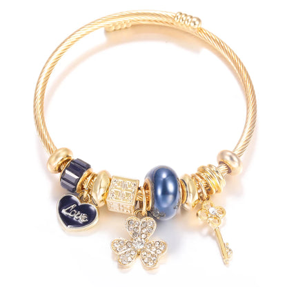 Pulsera con colgante de corazón y cuentas – Pulsera de abalorios de acero inoxidable de 4 colores para mujer | Regalo de joyería de moda dorada de tendencia