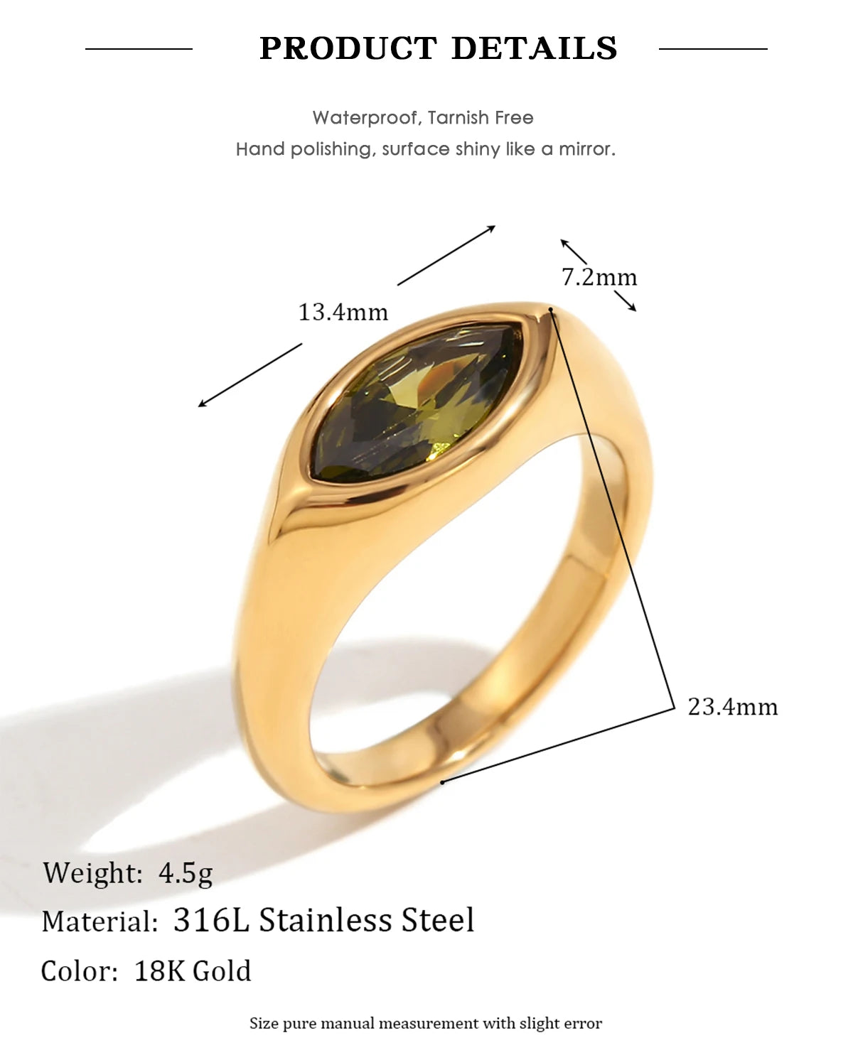 18K Gold Plated Horse Eye Zircon Signet Ring – Hypoallergenic 316L Stainless Steel Colorful Statement Ring for Women