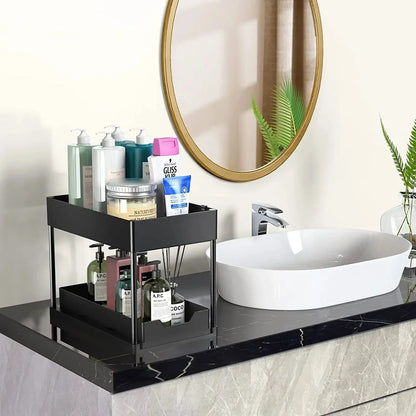 2-Tier Pull Out Under Sink Organizer – Slide-Out Cabinet Storage Rack with Hooks & Cups for Kitchen & Bathroom