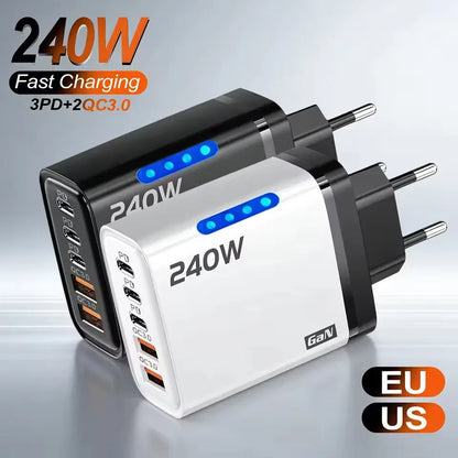 5-in-1 240W GaN Desktop Charger – 3PD + 2USB Fast Charging Adapter with 10A USB-C Cable for iPhone 17/16 Pro, Samsung & Laptops