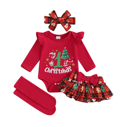 My First Christmas Baby Girl Outfit – Newborn Xmas Romper with Ruffle Tutu Skirt & Headband, Cute Holiday Dress