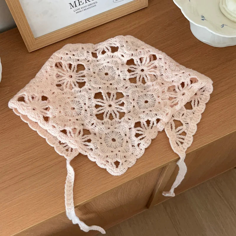 Fashion Knitted Headscarf for Women – French Pastoral Crochet Triangle Headband with Retro Floral Design | Handmade Hair Accessory