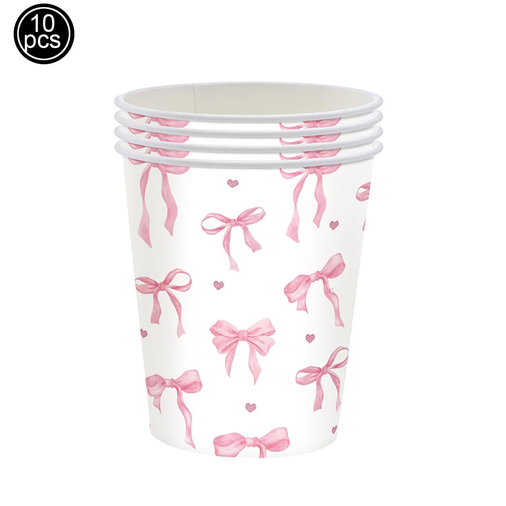 Kit de Fête d'Anniversaire Rose – Thème Princesse Bannière, Ballons Nœud, Pailles, Assiettes en Papier Jetables, Serviettes et Gobelets Vaisselle Décorations pour Fêtes d'Anniversaire de Filles