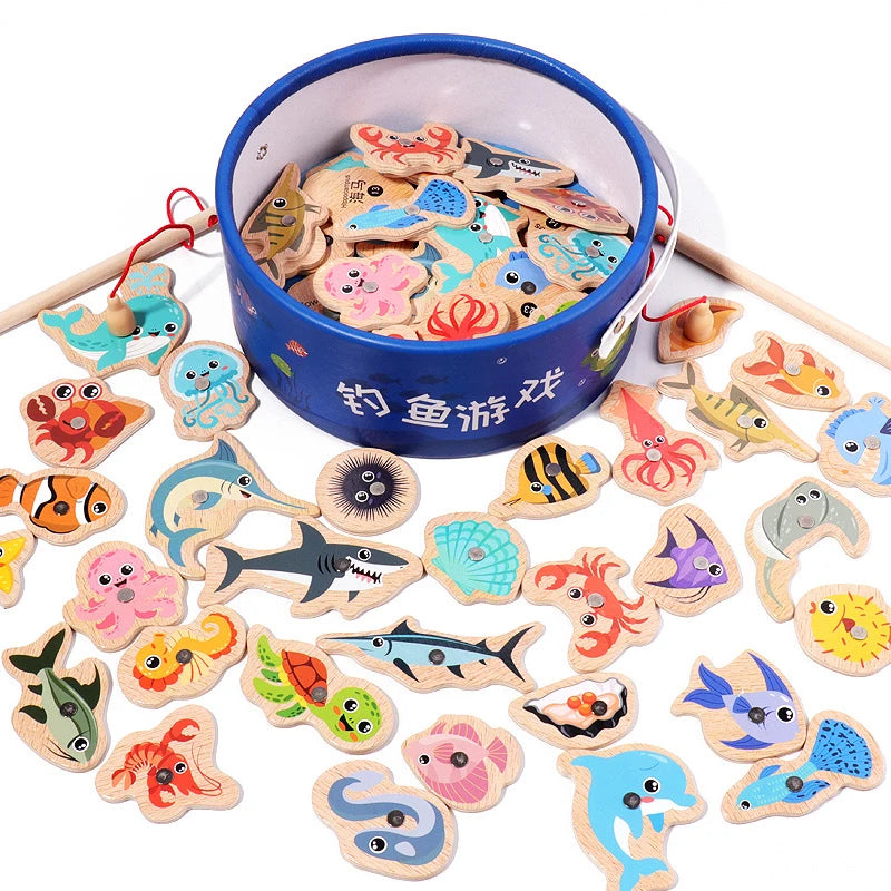 Jouet de Pêche Magnétique en Bois – Jeu d'Apprentissage Montessori sur la Vie Marine, Activité de Pêche Éducative Précoce pour Bébé, Jouet de Développement Cognitif Interactif Parent-Enfant pour Enfants
