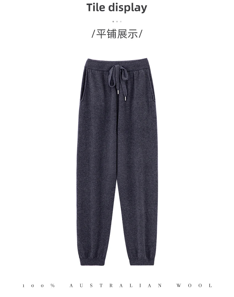 Pantalones de cachemir 100 % pura lana para mujer, de punto, sueltos, de cintura alta, con puños, para otoño e invierno, de corte recto y ajustado