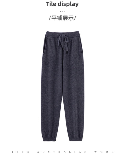 Pantalones de cachemir 100 % pura lana para mujer, de punto, sueltos, de cintura alta, con puños, para otoño e invierno, de corte recto y ajustado