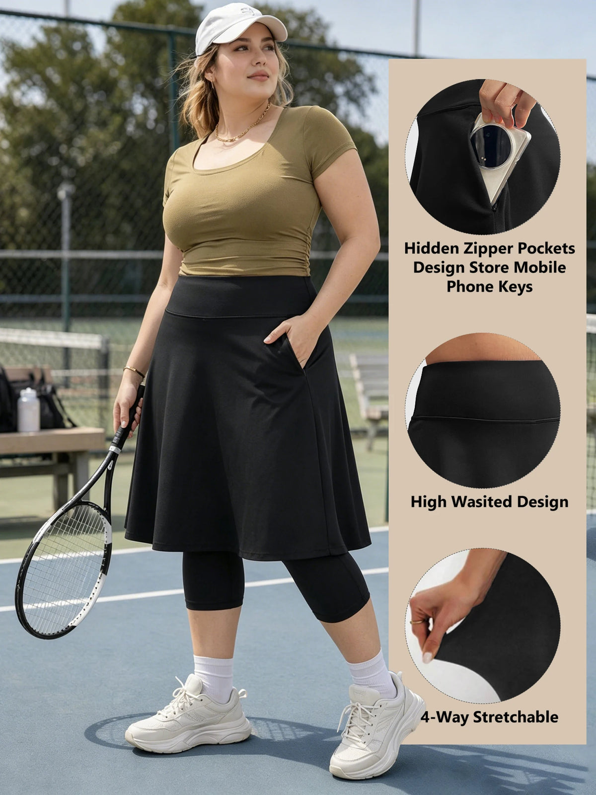 Women's Plus Size Skirted Capri Leggings – Knee-Length Skort with High-Waist Capris, Zipper Pockets & Comfortable Layered Design