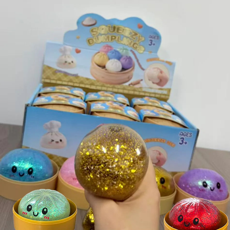 1–12PCS Glitter Dumpling Squishy with Box – Sensory Squeeze Stress Relief Fidget Toy, Glitter Dumplings Set