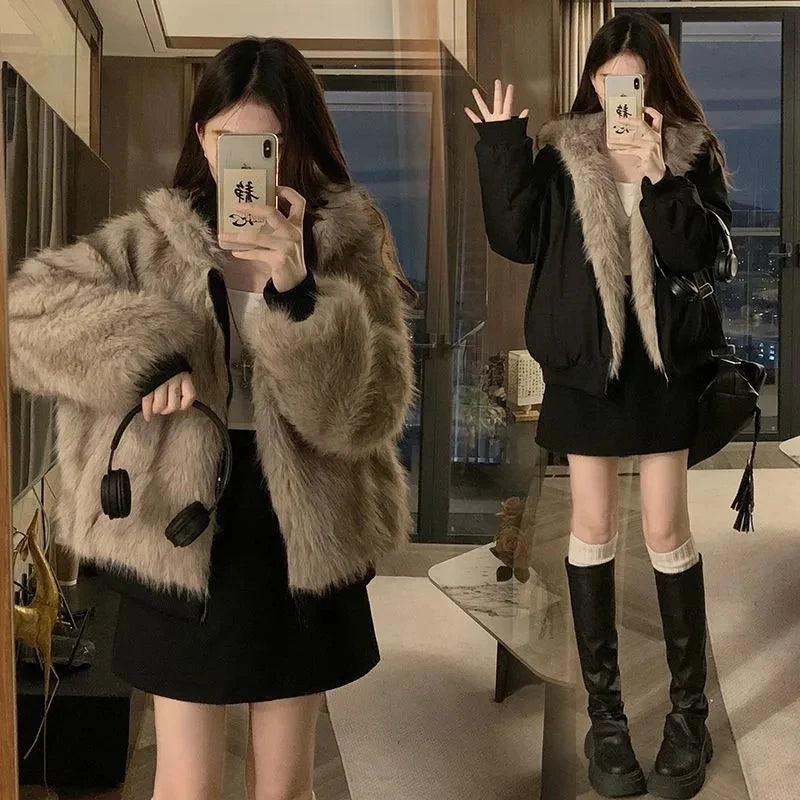 Women’s Double-Sided Faux Mink Fur Coat – Thick Plush Cotton-Padded Hooded Jacket, Loose-Fit Warm Outerwear for Autumn & Winter