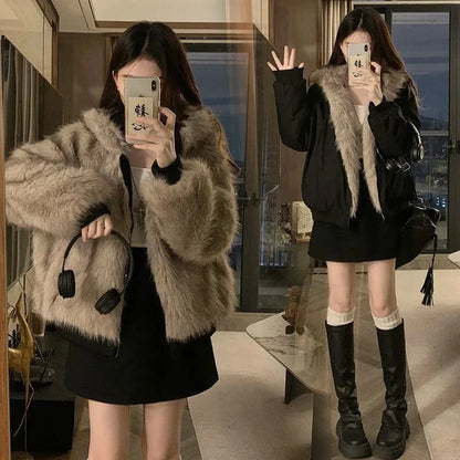 Women’s Double-Sided Faux Mink Fur Coat – Thick Plush Cotton-Padded Hooded Jacket, Loose-Fit Warm Outerwear for Autumn & Winter