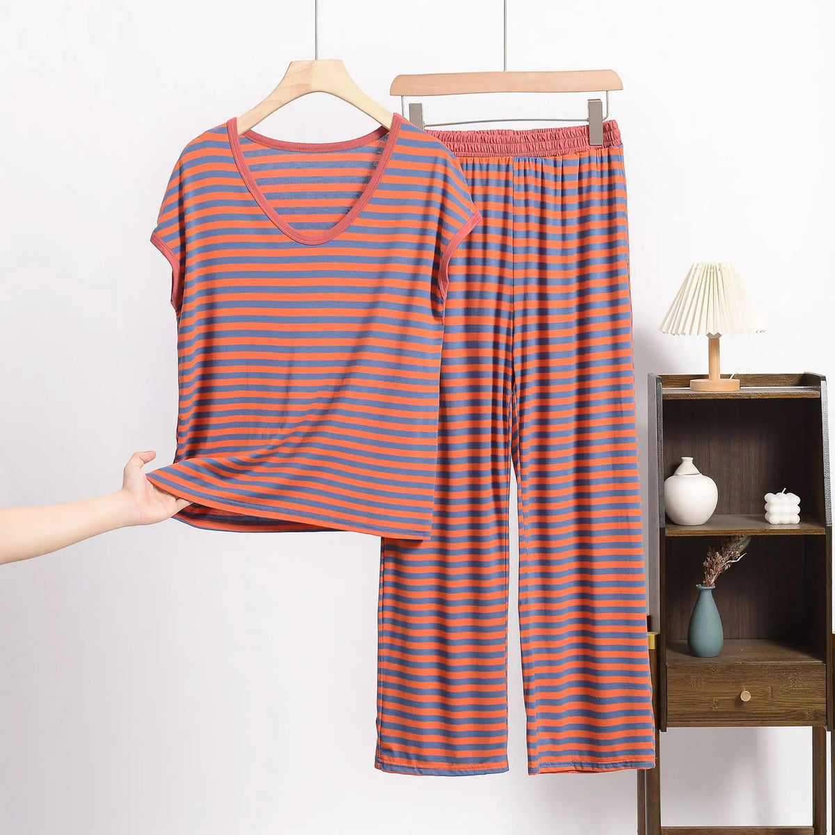 XL-8XL Plus Size Modal Pajama Set – 2PCS Short-Sleeve Striped T-Shirt & Pants, Lightweight Summer Loungewear for Home & Sleep