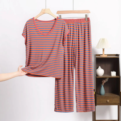XL-8XL Plus Size Modal Pajama Set – 2PCS Short-Sleeve Striped T-Shirt & Pants, Lightweight Summer Loungewear for Home & Sleep