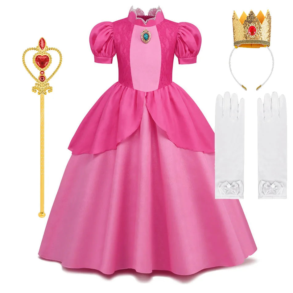 Princess Peach Cosplay Dress – Bubble Sleeve Princess Costume for Kids, Summer Halloween & Christmas Party Outfit