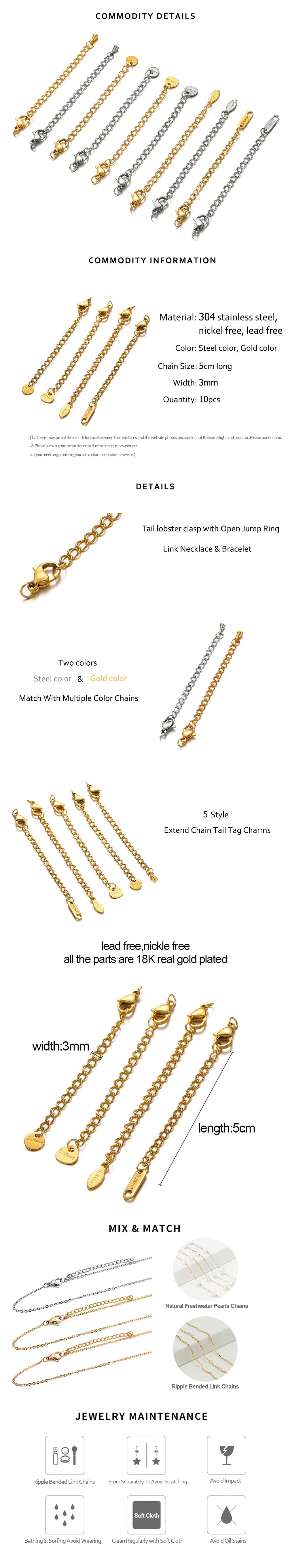10 chaînes d'extension en acier inoxydable avec fermoirs mousquetons – Rallonges pour colliers et bracelets DIY