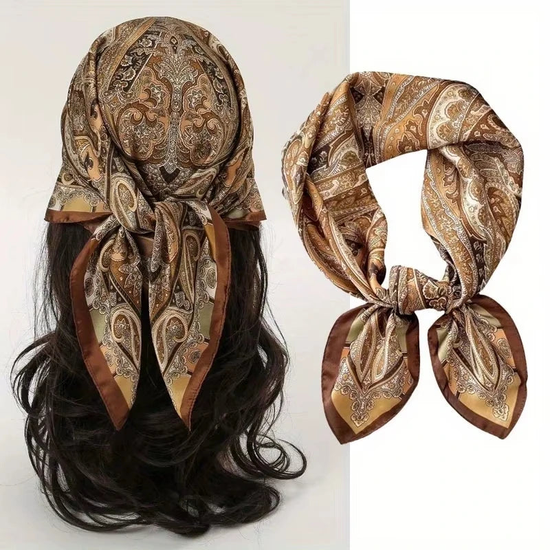 70x70CM Foulard en soie imprimé pour femme – Châle Pashmina carré tendance, tour de cou de luxe, bandeau et bandana décoratif