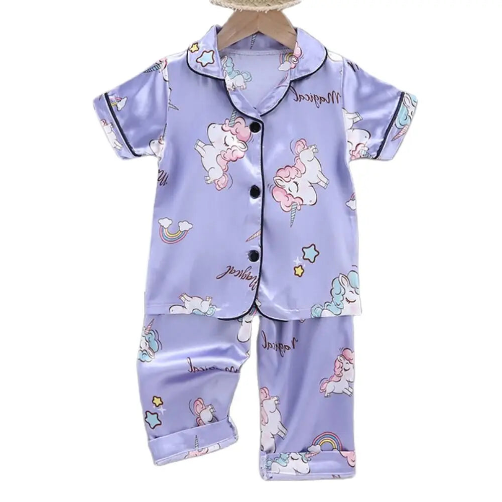 Conjunto de Pijama de Verano para Niñas – Conjunto de Pijama de Satén de Unicornio de Dibujos Animados de 2 Piezas | Ropa de Dormir Suave para Niños Pequeños con Aire Acondicionado