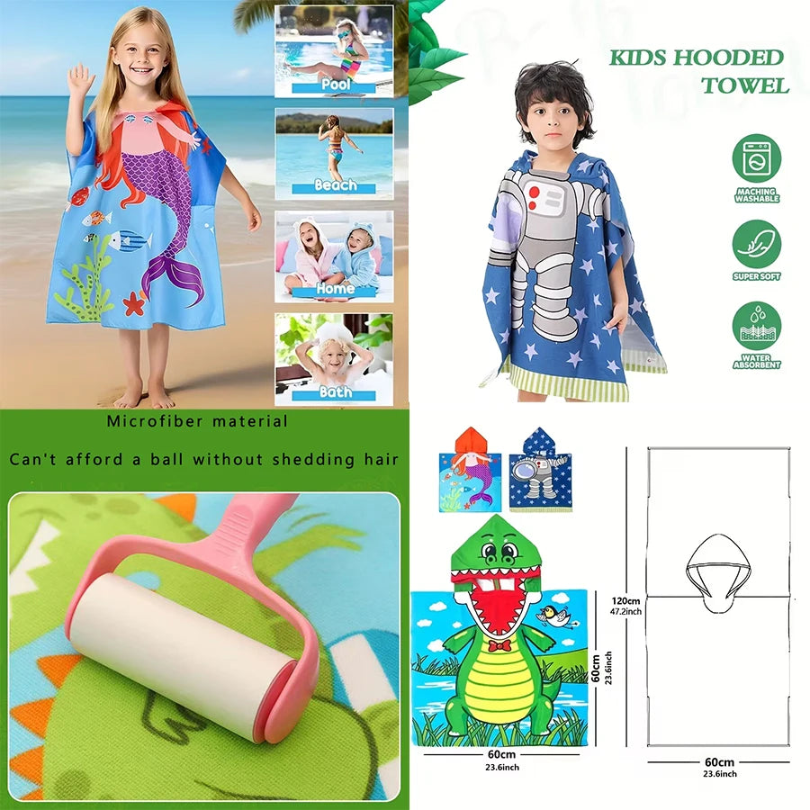 Kids Cartoon Hooded Bathrobe Towel – Quick Dry Absorbent Wearable Blanket Cape for Boys & Girls