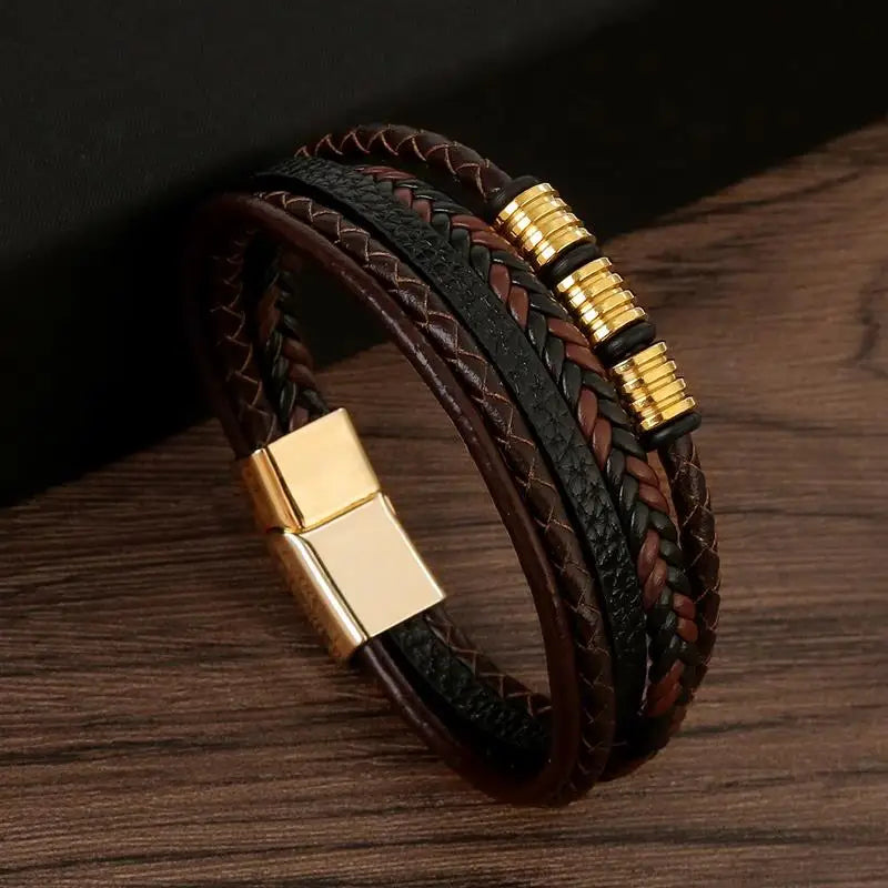 Pulsera de cuero clásica para hombre – Pulsera multicapa tejida a mano para hombre | Accesorio de joyería de moda casual, regalo