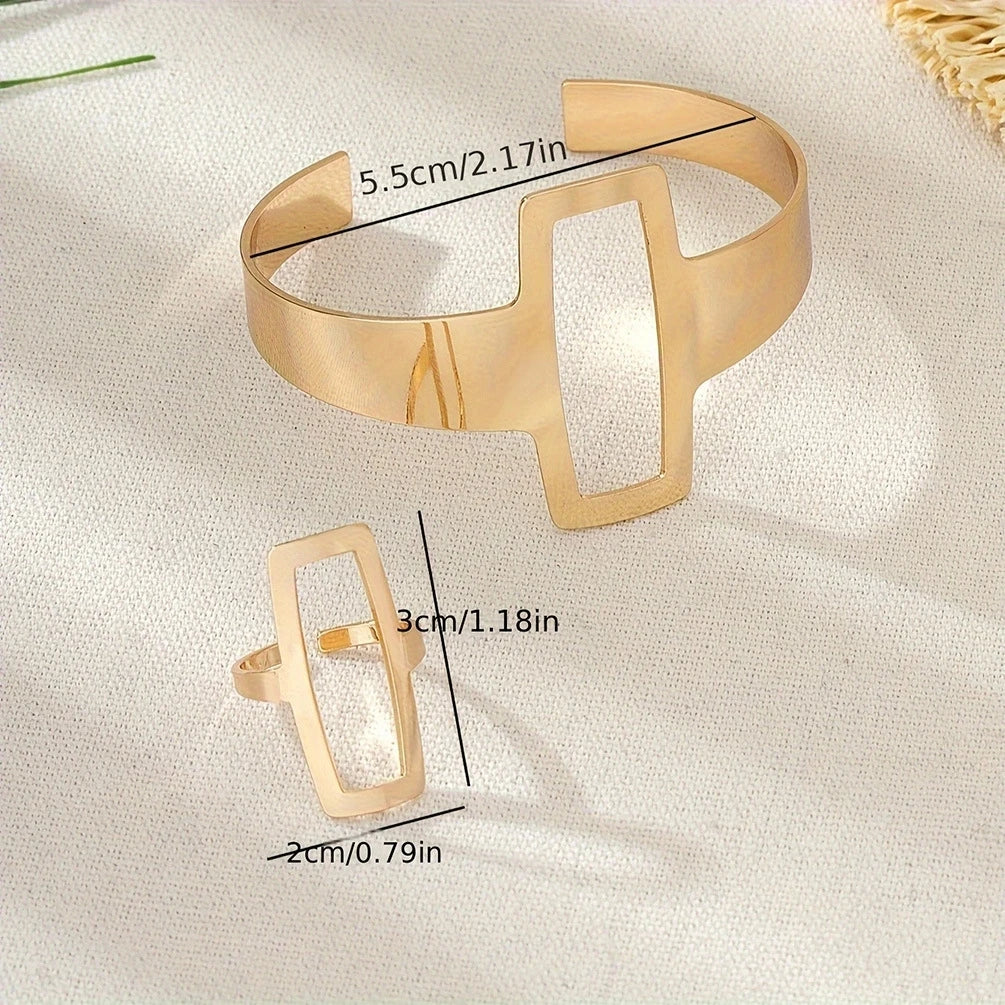 2Pcs Women’s Fashion Geometric Open Bracelet Ring Set Simple Design Trend Holiday Party Gift
