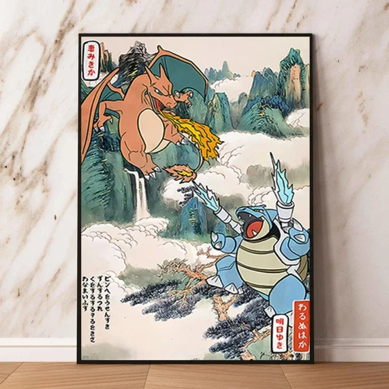 Pokémon Dracaufeu & Tortank Impression sur Toile Décoration Murale Tableau Poster HD pour Salon Maison