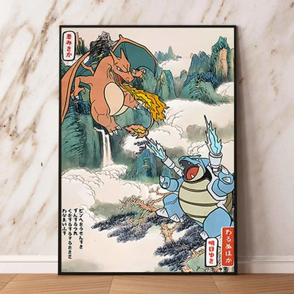 Pokémon Dracaufeu & Tortank Impression sur Toile Décoration Murale Tableau Poster HD pour Salon Maison