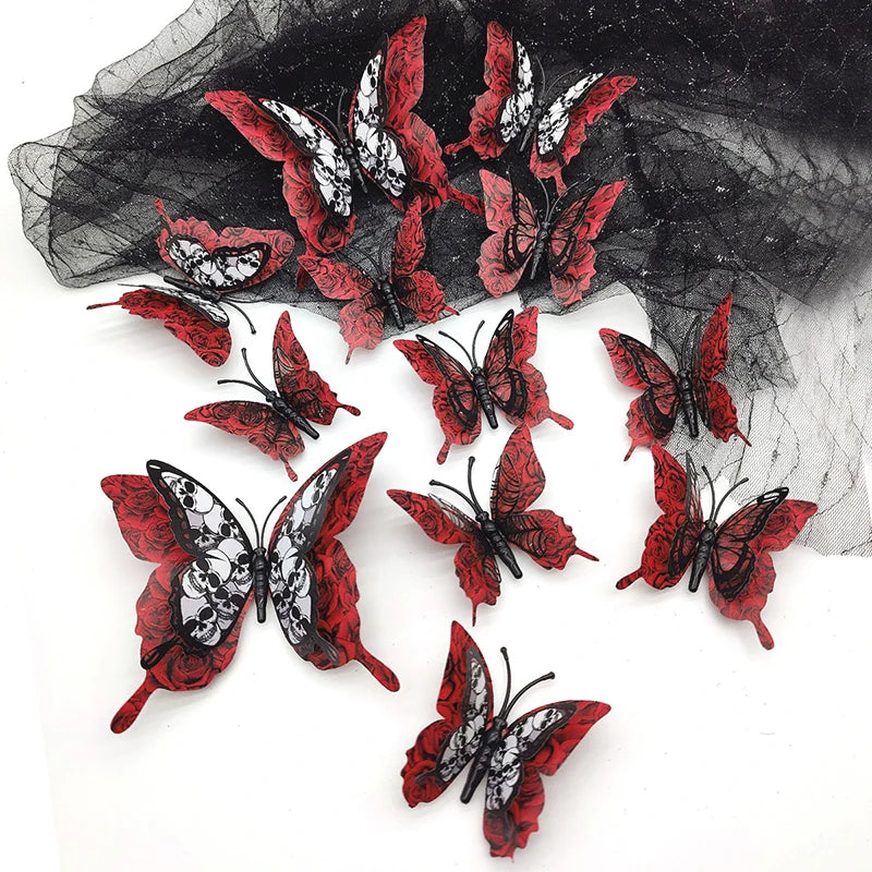 12PCS 3D Blood Rose Butterfly Halloween Wall Stickers, Double-Layer PVC Butterflies, Self-Adhesive Gothic Wall Decals, Spooky Party Decorations, Halloween Home Decor