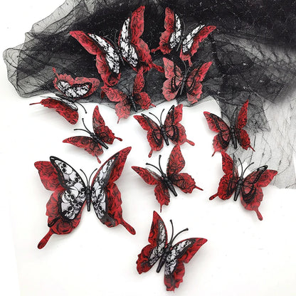 12PCS 3D Blood Rose Butterfly Halloween Wall Stickers, Double-Layer PVC Butterflies, Self-Adhesive Gothic Wall Decals, Spooky Party Decorations, Halloween Home Decor