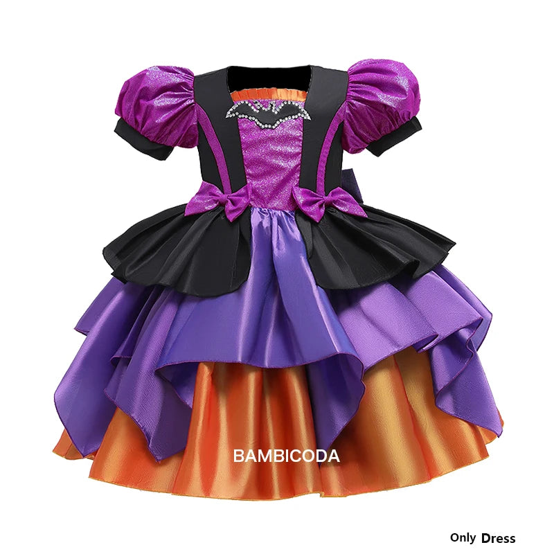 Girls Pumpkin Halloween Costume Dress – Fancy Bat Print Witch Princess Ball Gown for Cosplay, Festival & Party