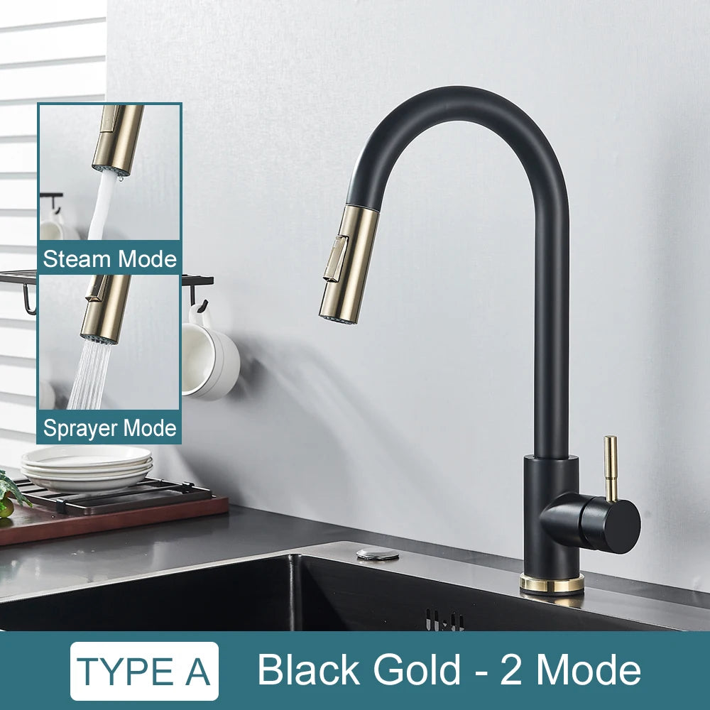 Black Kitchen Faucet – Single-Handle Pull-Out Mixer Tap with 2-Function Spray, Hot & Cold Water, Deck-Mounted Sink Faucet