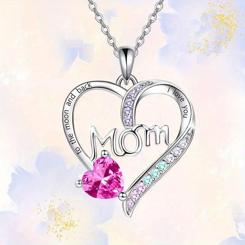I Love You Mom Heart Pendant Necklace – Acrylic Decor with Alloy Chain, White K Plated Fashion Jewelry Gift for Women