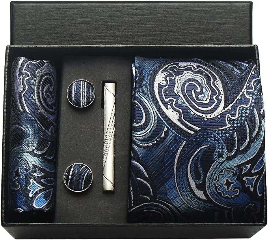 Corbata de seda 100% con diseño floral de Paisley para hombre con pañuelo de bolsillo, pasador de corbata y gemelos en caja de regalo