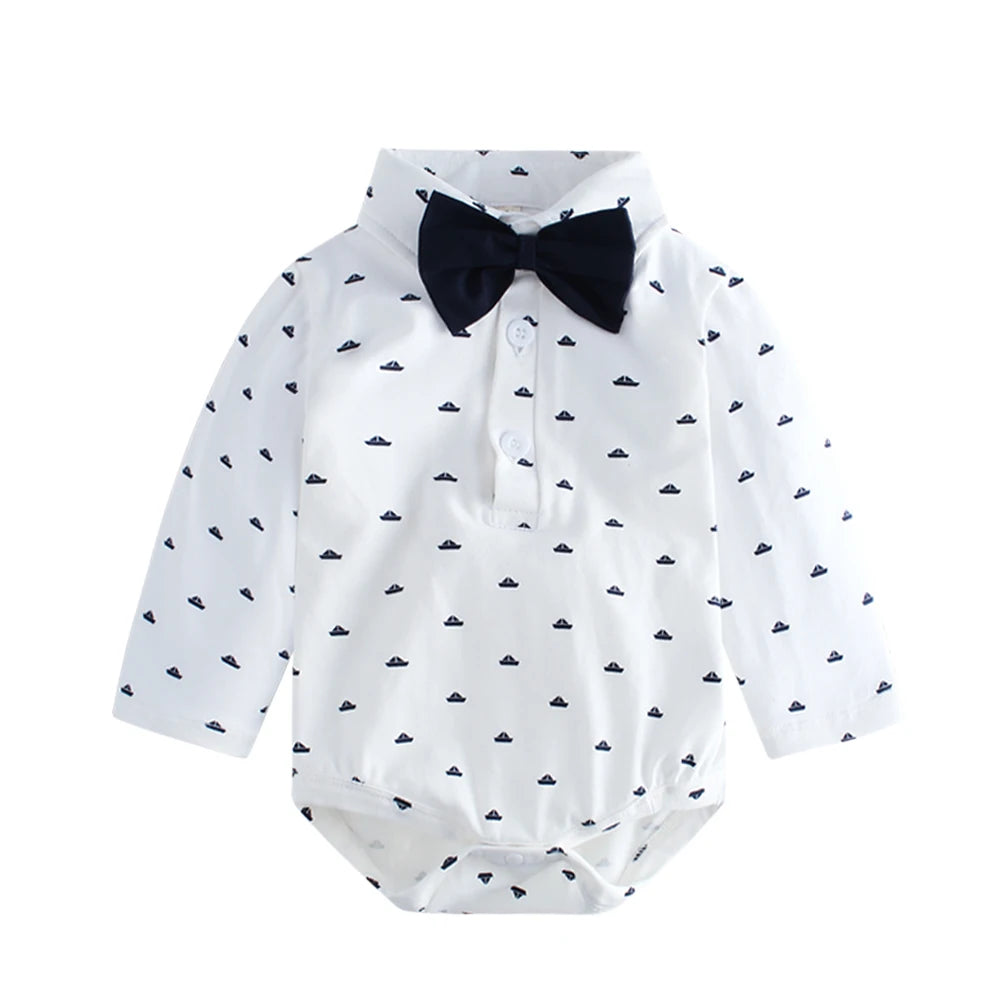 Baby Boy Gentleman Long Sleeve Romper with Bow – 3-24 Months Spring Autumn Winter Birthday Bodysuit, Cute Formal Baby Outfit
