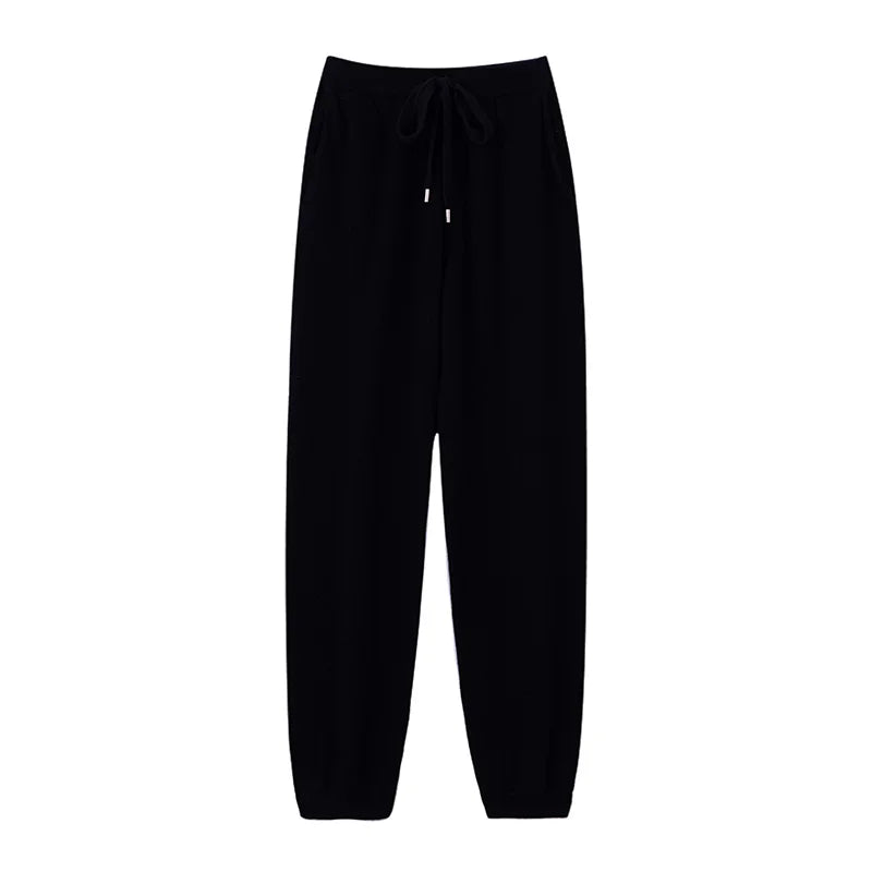 Pantalones de cachemir 100 % pura lana para mujer, de punto, sueltos, de cintura alta, con puños, para otoño e invierno, de corte recto y ajustado