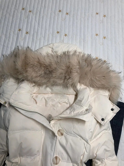 Women's American Retro Hooded Cotton-Padded Winter Coat Faux Fur Collar Solid Color Warm Insulated Jacket Loose Fit Casual Outerwear