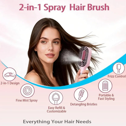 2-in-1 Detangling Spray Hair Brush with Water Mist Bottle – Anti-Static Scalp Massage Comb for All Hair Types