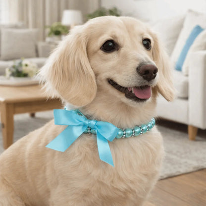 Adjustable Pearl Pet Collar – Bling Simulated Pearl Beaded Necklace with Elegant Bow Knot Ribbon for Cats & Small Dogs