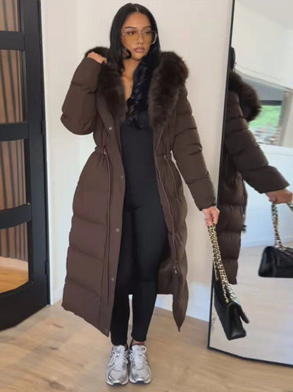 Women’s Long Puffer Winter Coat – Thick Warm Maxi Padded Jacket with Faux Fur Hood, Drawstring Waist & Zip-Up Button Closure