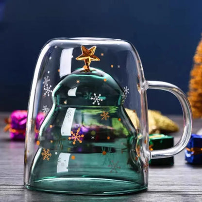 Christmas Tree Glass Cup – Transparent Double-Wall Heat-Resistant Couples Mug with Snowflake Design, Creative Coffee & Drinking Cup Gift