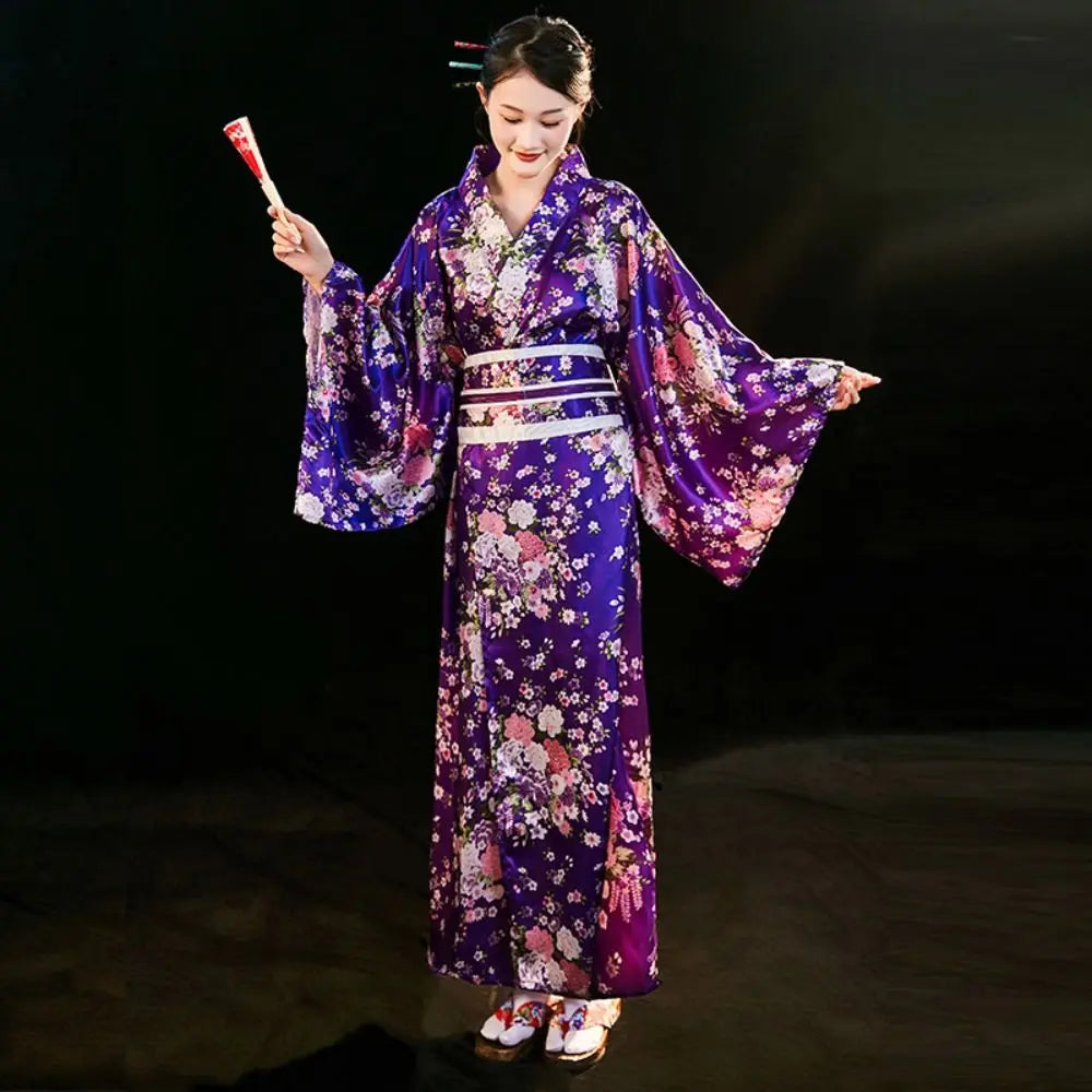 Japanese Kimono Cosplay Costume – Floral Sakura Printed Dress, Traditional Asian Style Kimono Outfit for Women Halloween & Party Wear