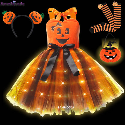 Girls LED Light-Up Witch Costume Dress – Halloween Vampire Cosplay Outfit for Carnival, Masquerade, Performance & Pumpkin Parties