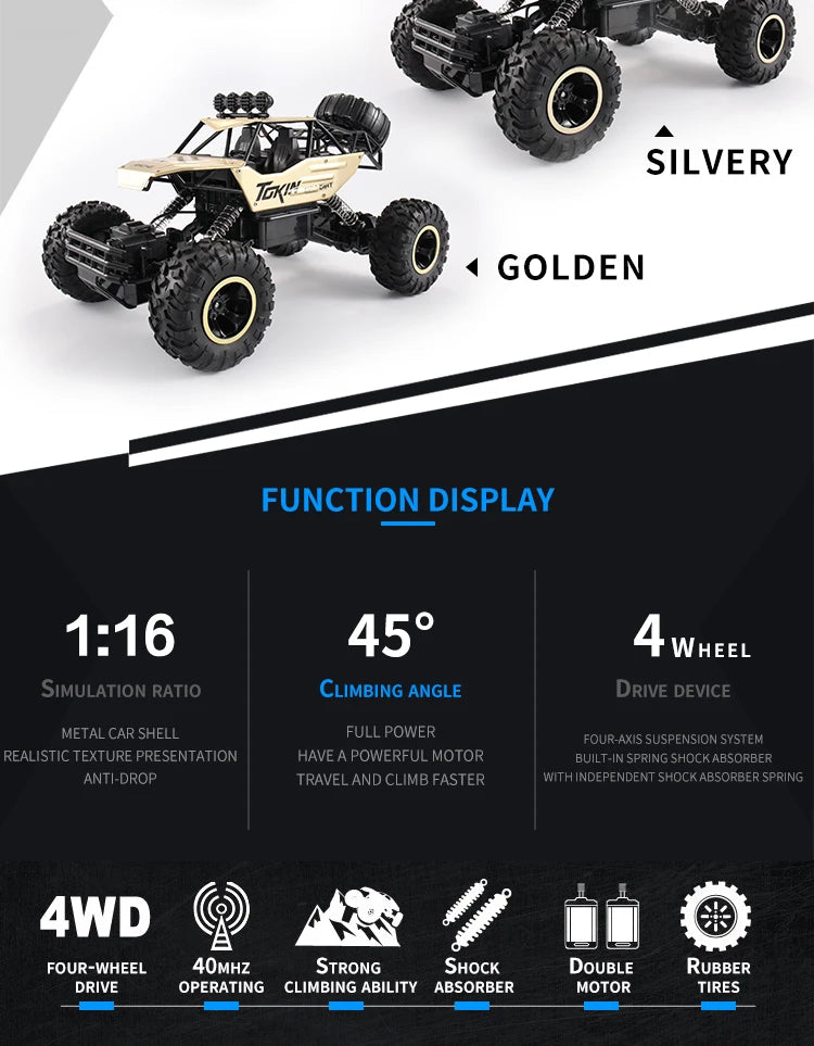 Oike Coche teledirigido 4x4 todoterreno 4WD RC Rock Crawler, coche RC de carreras y drifting todoterreno para niños y adultos