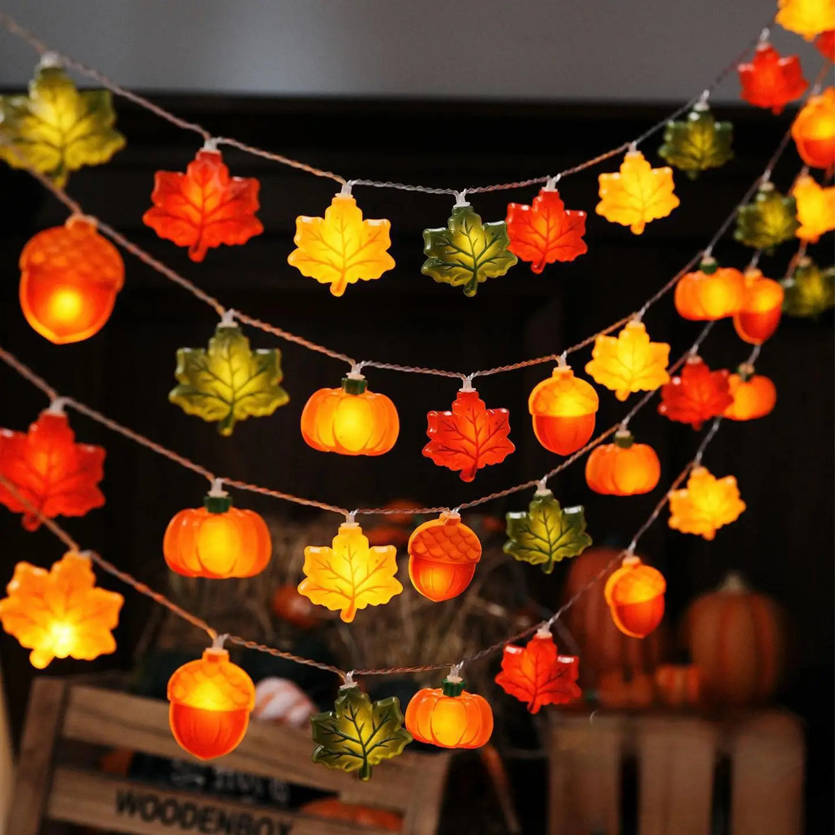 1.5M/3M Halloween LED Pumpkin String Lights – Maple Leaf & Nut Design Hanging Lights for Halloween, Thanksgiving, Christmas & Party Home Decor