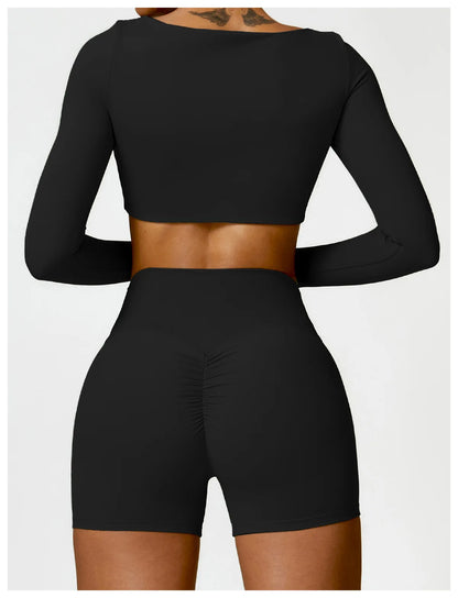 Women’s Square Neck Sports Crop Top – Long Sleeve Quick-Dry Gym Yoga Fitness Activewear