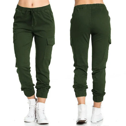 Women's Cargo Jogger Pants – Solid Color Multi-Pocket Drawstring Trousers with Elastic Waist, Casual Sportswear & Streetwear Long Pants