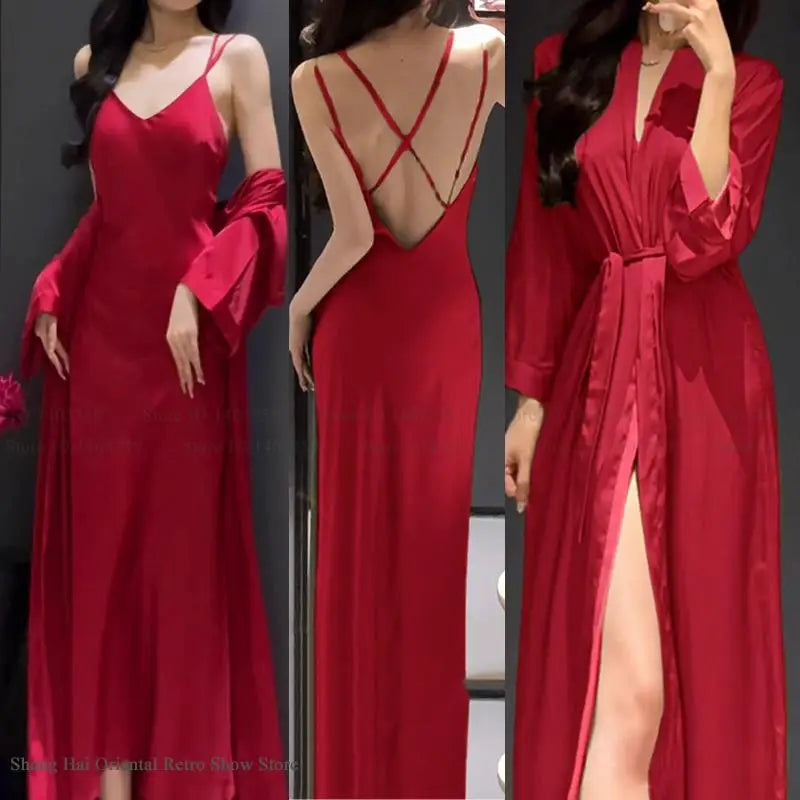 Women’s 2PCS Sleepwear Set – Backless Suspender Nightgown & Long Robe Elegant Sexy Loungewear Dress