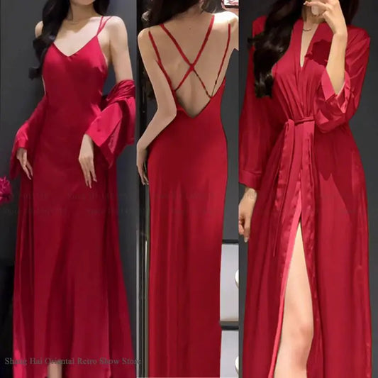 Conjunto de pijama de 2 piezas para mujer – Camisón sin espalda con tirantes y bata larga, vestido elegante y sexy para estar en casa