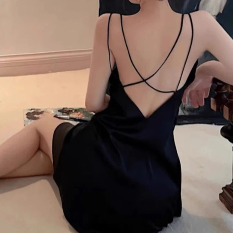 Women’s 2PCS Sleepwear Set – Backless Suspender Nightgown & Long Robe Elegant Sexy Loungewear Dress