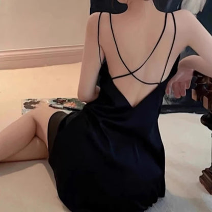 Women’s 2PCS Sleepwear Set – Backless Suspender Nightgown & Long Robe Elegant Sexy Loungewear Dress