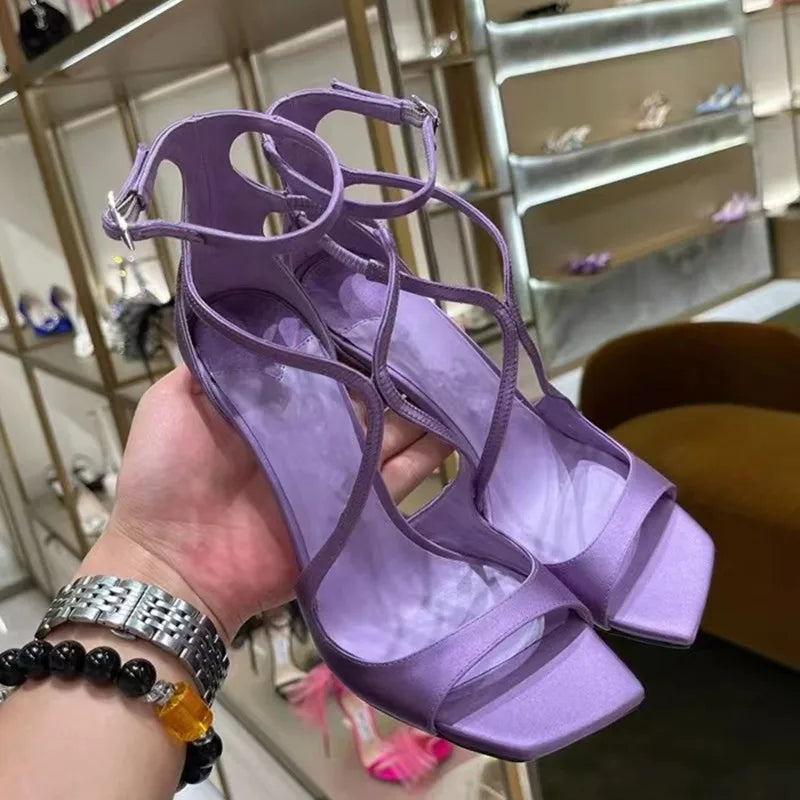 Sandalias de gladiador de charol para mujer – Zapatos de tacón alto de aguja con puntera abierta y correa al tobillo, sexys, para fiesta de verano